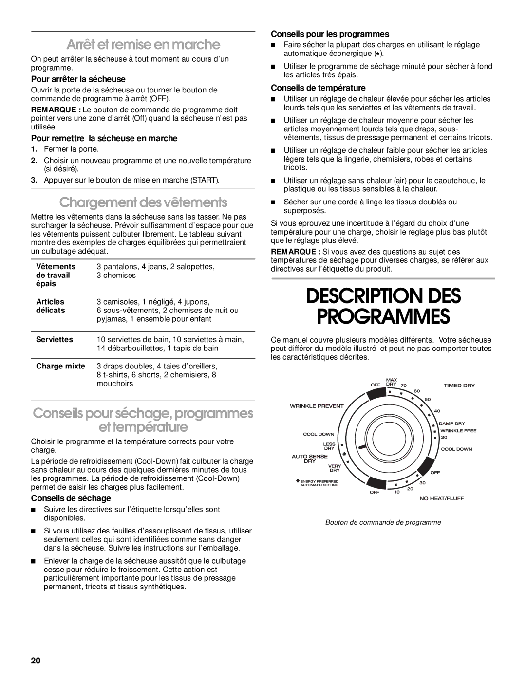 Whirlpool REX4634JQ0 manual Description DES Programmes, Arrêt et remise en marche, Chargement des vêtements 