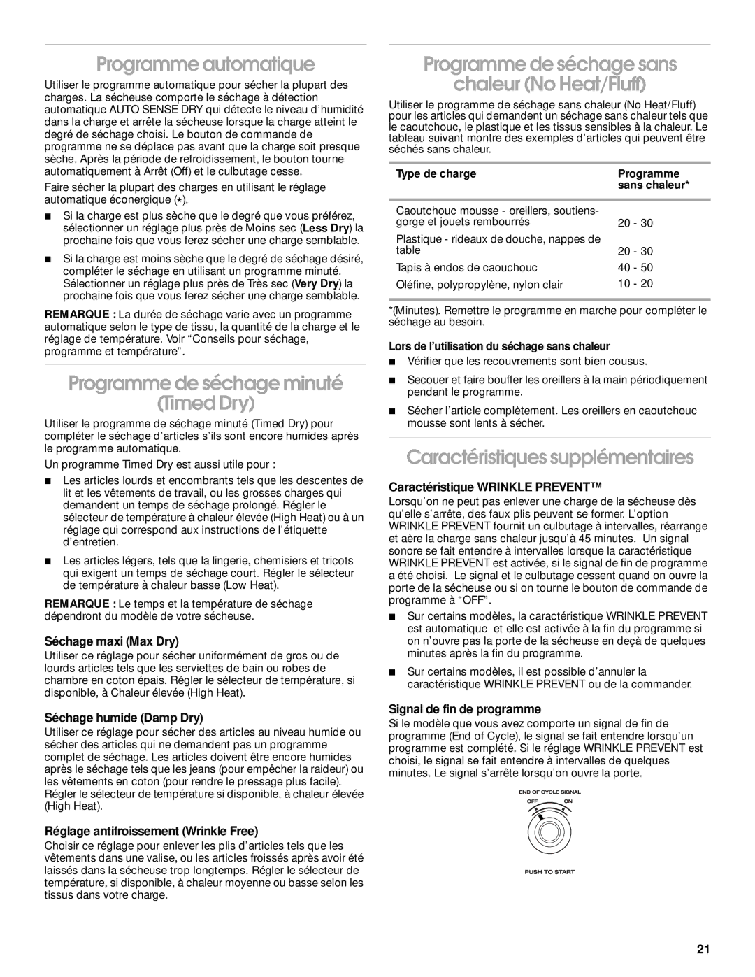 Whirlpool REX4634JQ0 manual Programme automatique, Programme de séchage minuté Timed Dry, Caractéristiques supplémentaires 