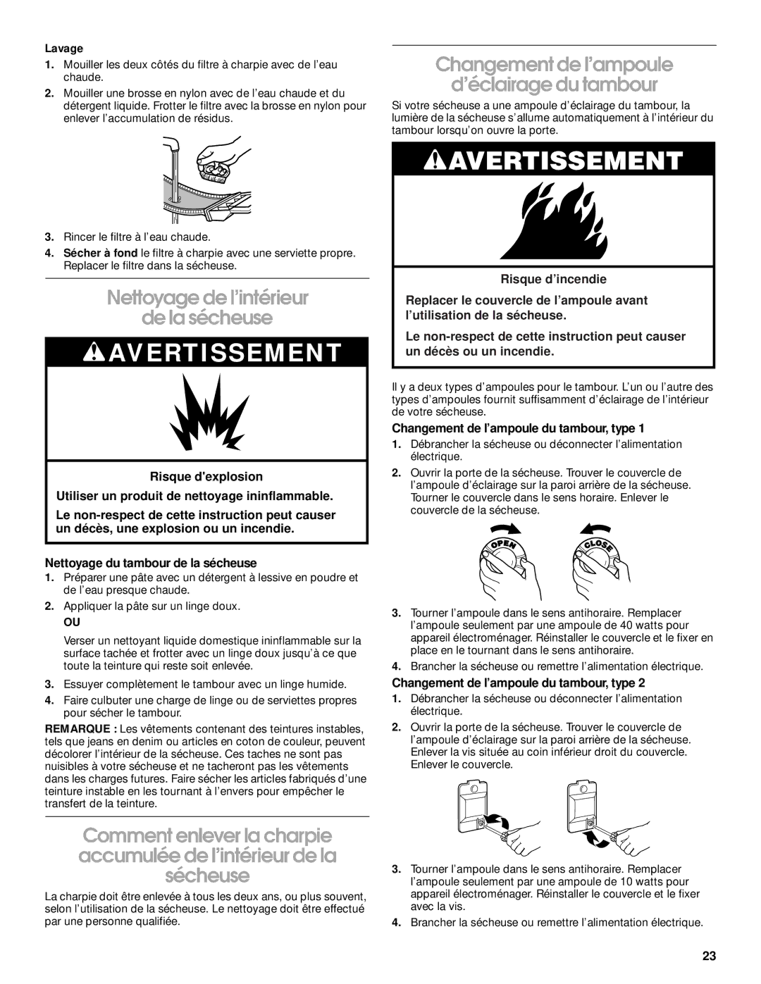 Whirlpool REX4634JQ0 manual Nettoyage de l’intérieur De la sécheuse, Changement de l’ampoule ’éclairage du tambour, Lavage 