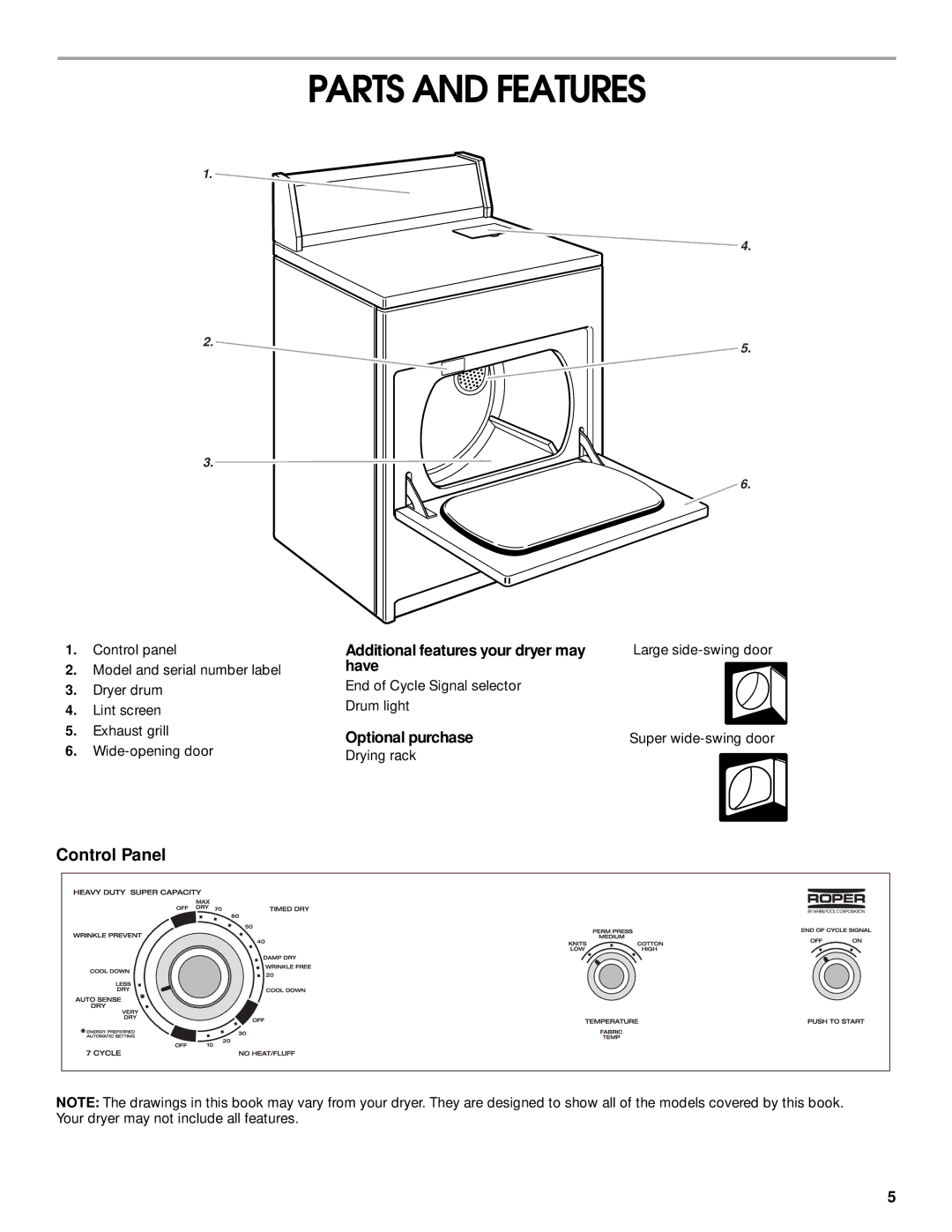 Whirlpool REX4634JQ0 manual Parts and Features, Additional features your dryer may have, Optional purchase 