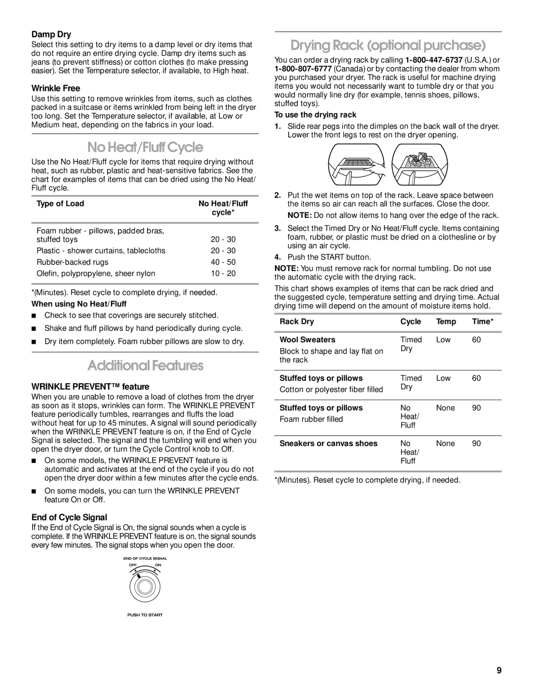 Whirlpool REX4634JQ0 manual No Heat/Fluff Cycle, Additional Features, Drying Rack optional purchase 