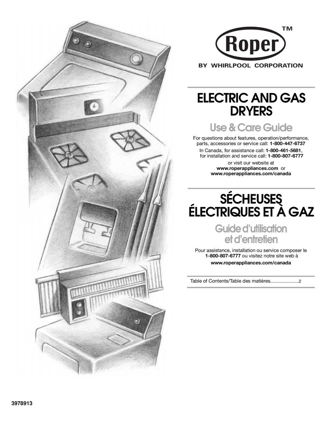 Whirlpool REX4634KQ0 manual Electric and GAS Dryers, Sécheuses Électriques ET À GAZ, 3978913 