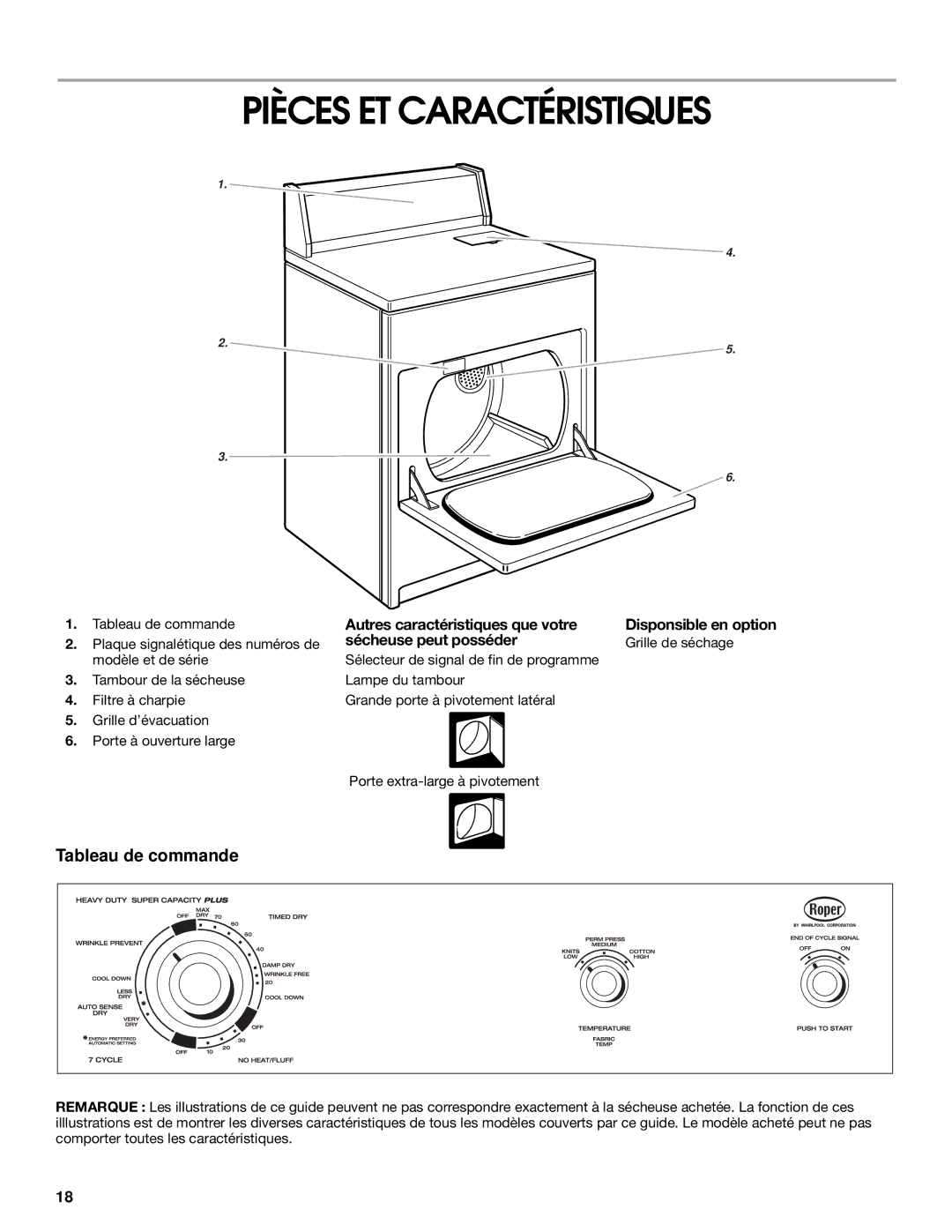 Whirlpool REX4634KQ0 manual Pièces ET Caractéristiques, Autres caractéristiques que votre, Sécheuse peut posséder 