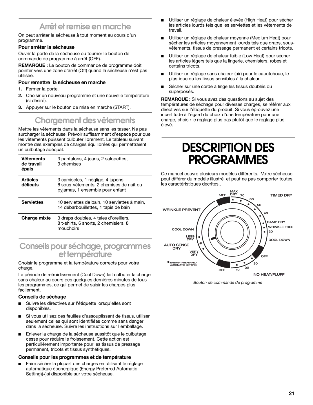 Whirlpool REX4634KQ0 manual Description DES Programmes, Arrêt et remise en marche, Chargement des vêtements 