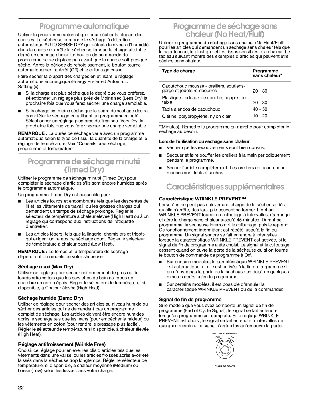 Whirlpool REX4634KQ0 manual Programme automatique, Programme de séchage minuté Timed Dry, Caractéristiques supplémentaires 