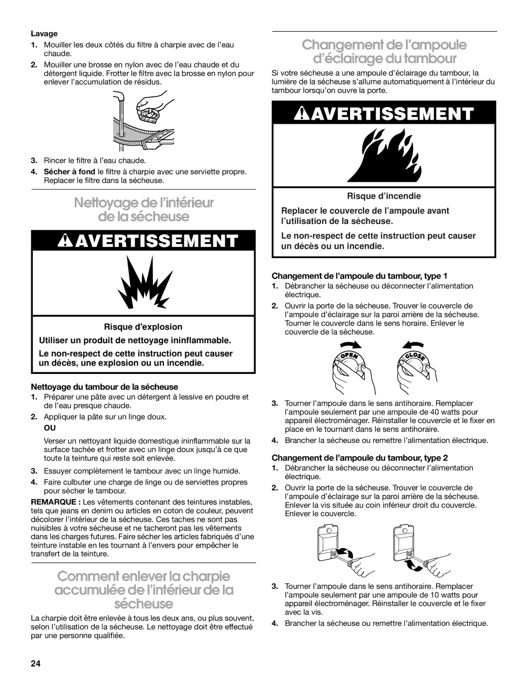 Whirlpool REX4634KQ0 manual Nettoyage de l’intérieur De la sécheuse, Changement de l’ampoule ’éclairage du tambour, Lavage 