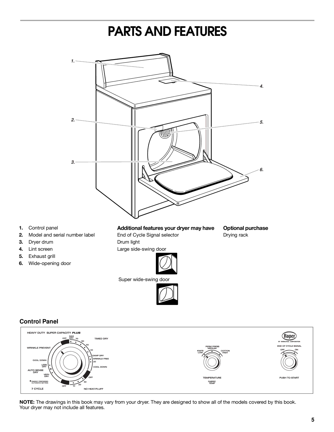 Whirlpool REX4634KQ0 manual Parts and Features, Additional features your dryer may have, Optional purchase 