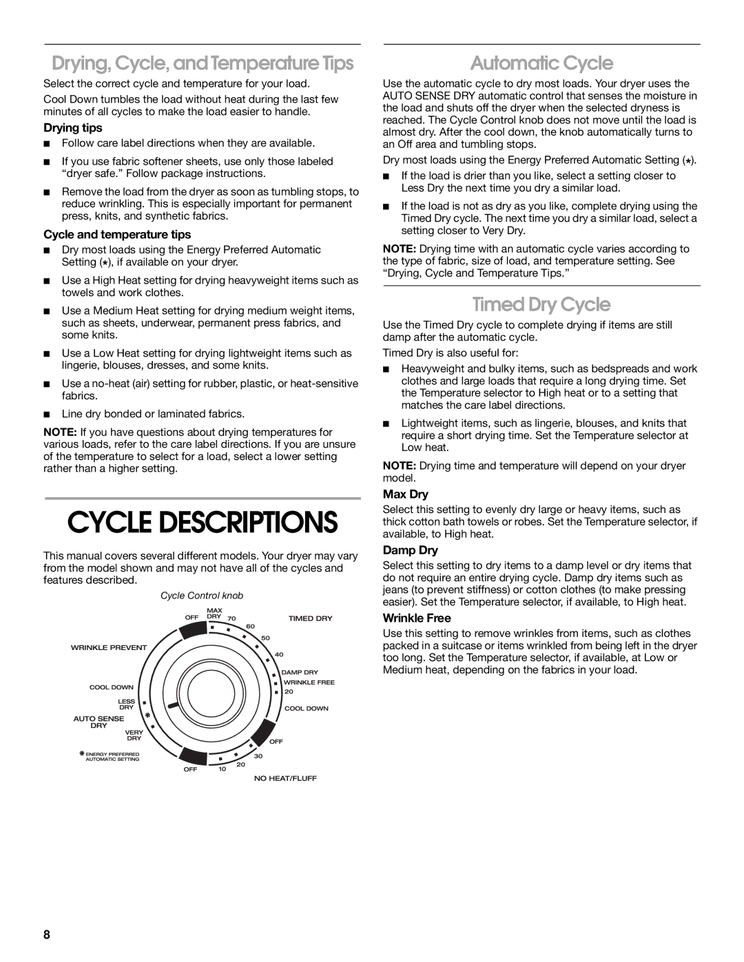 Whirlpool REX4634KQ0 manual Drying, Cycle, and Temperature Tips, Automatic Cycle, Timed Dry Cycle 