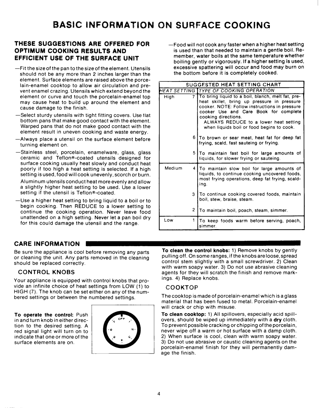 Whirlpool RF0100XKW0 manual Care Information, Control Knobs, Cqoktop, Suggested Heat Setting Chart 