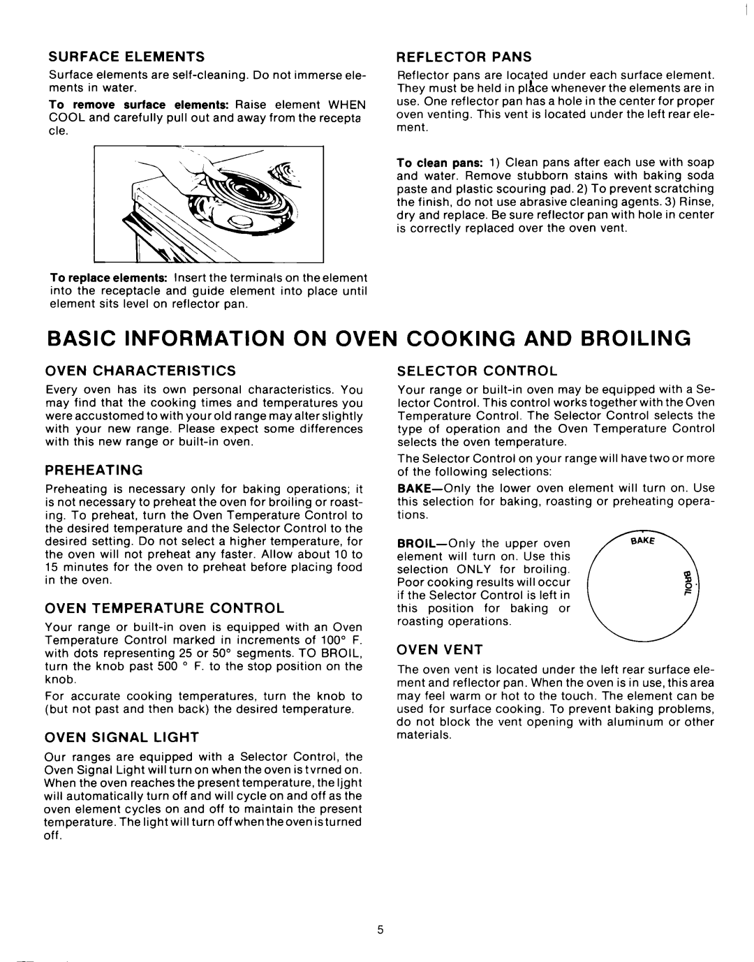 Whirlpool RF0100XKW0 manual Surface Elements, Reflector Pans, Oven Characteristics Selector Control, Preheating, Oven Vent 