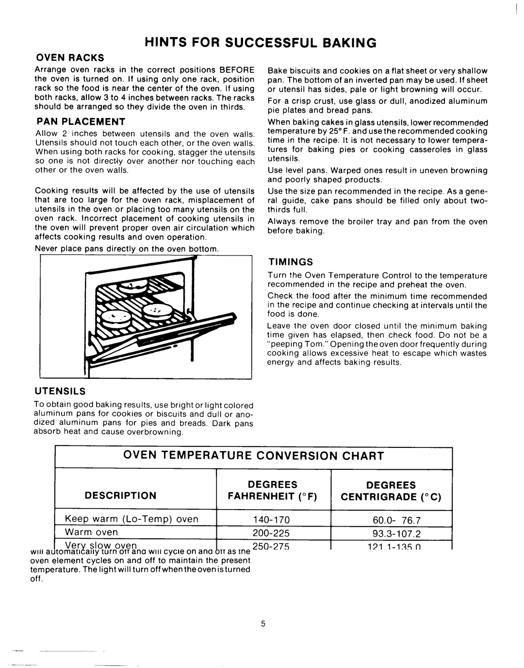 Whirlpool RF0100XKW0 manual Hints for Successful Baking, Oven Racks, PAN Placement, Utensils, Timings 