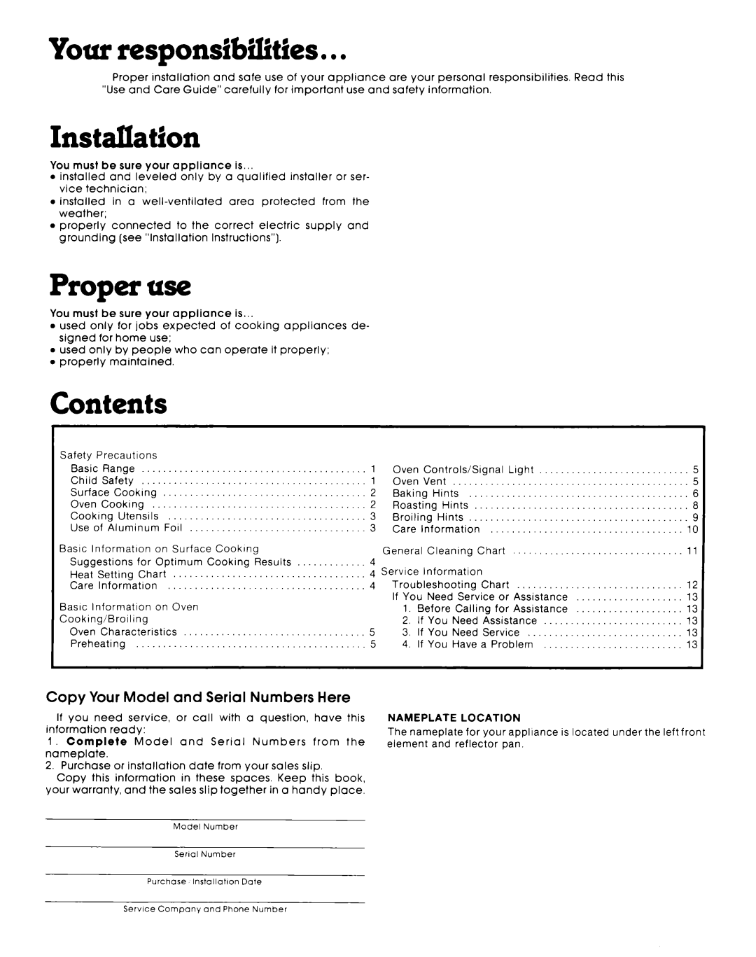 Whirlpool RF0100XKW0 manual Your responsibtlirtfes. l l, Installation, Proper use, Contents 