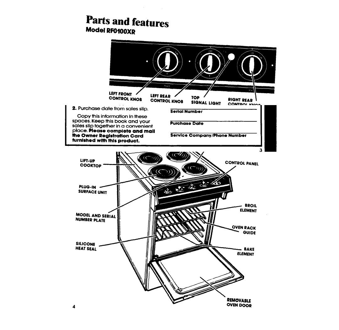 Whirlpool RF0100XR manual Parts and features, Model Rfoiooxr 