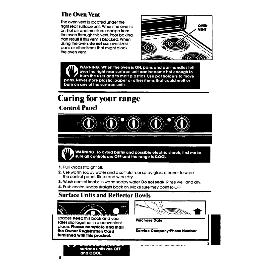 Whirlpool RF0100XR manual Caring for your range, Oven Vent, Control Panel, Surface Units and Reflector Bowls 