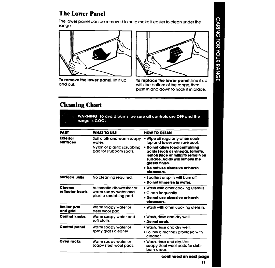 Whirlpool RF0100XR manual The Lower Panel, Cleaning Chart 