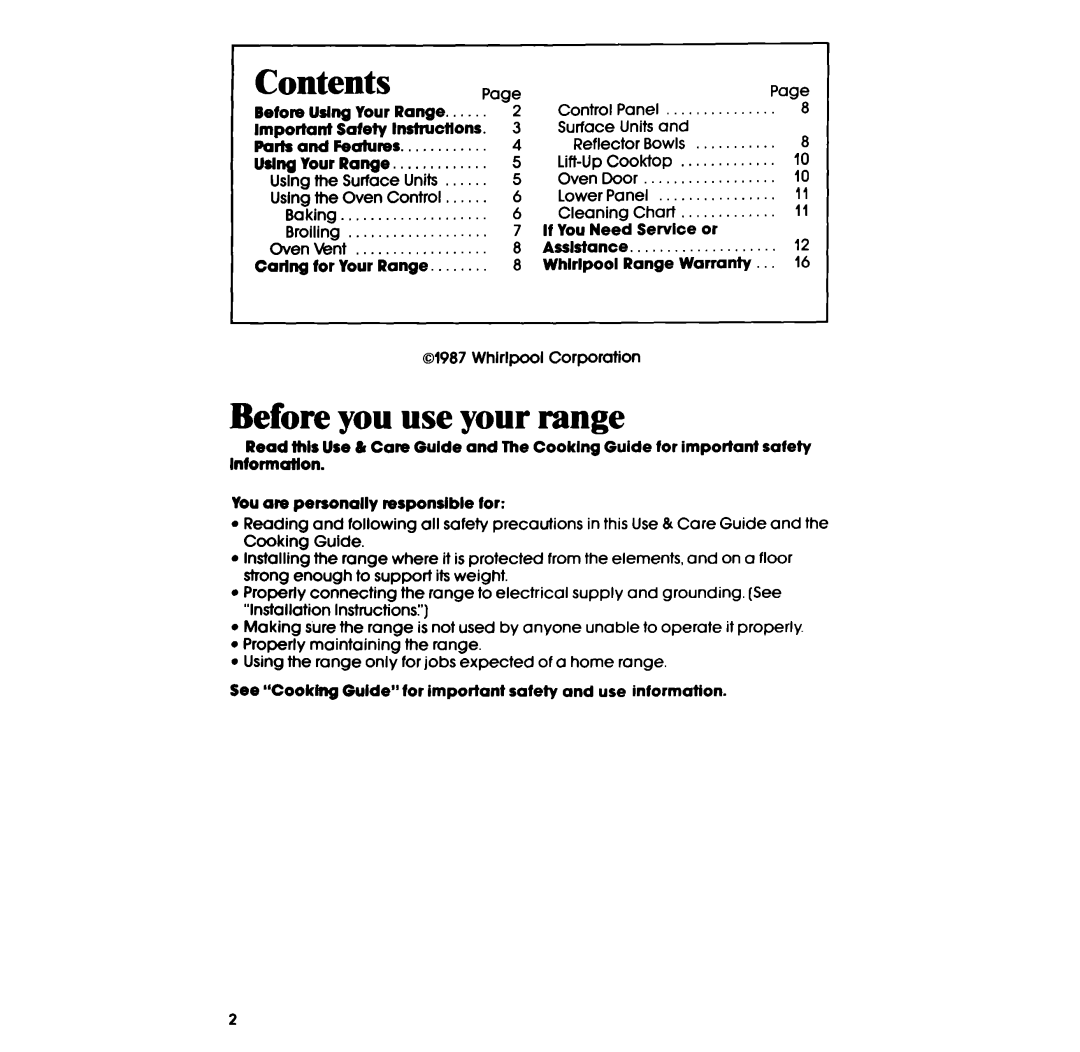 Whirlpool RF0100XR manual Before you use your range, ~Contents 