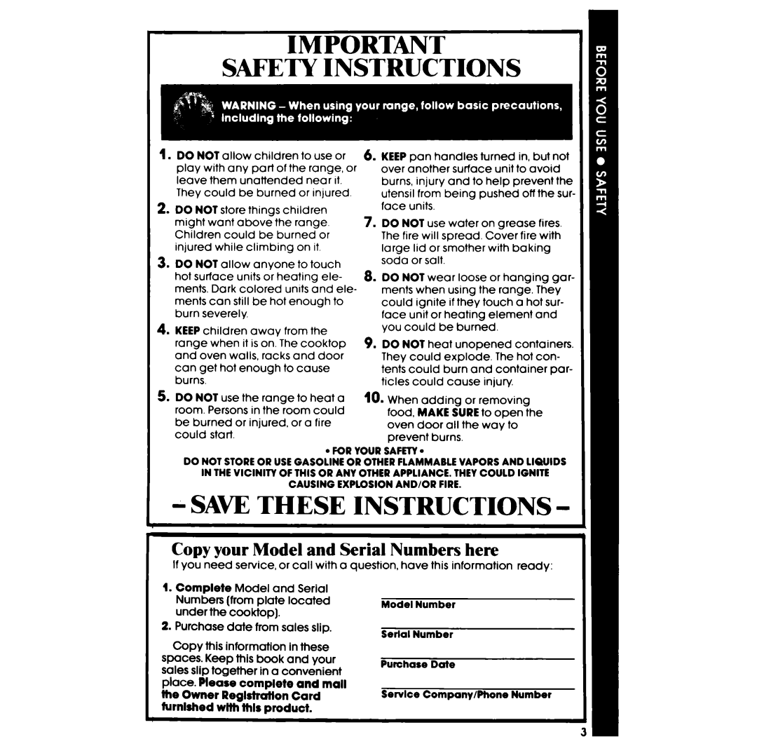 Whirlpool RF0100XR manual Safety Instructions, Saw These Instructions, Copy your Model and Serial Numbers here 