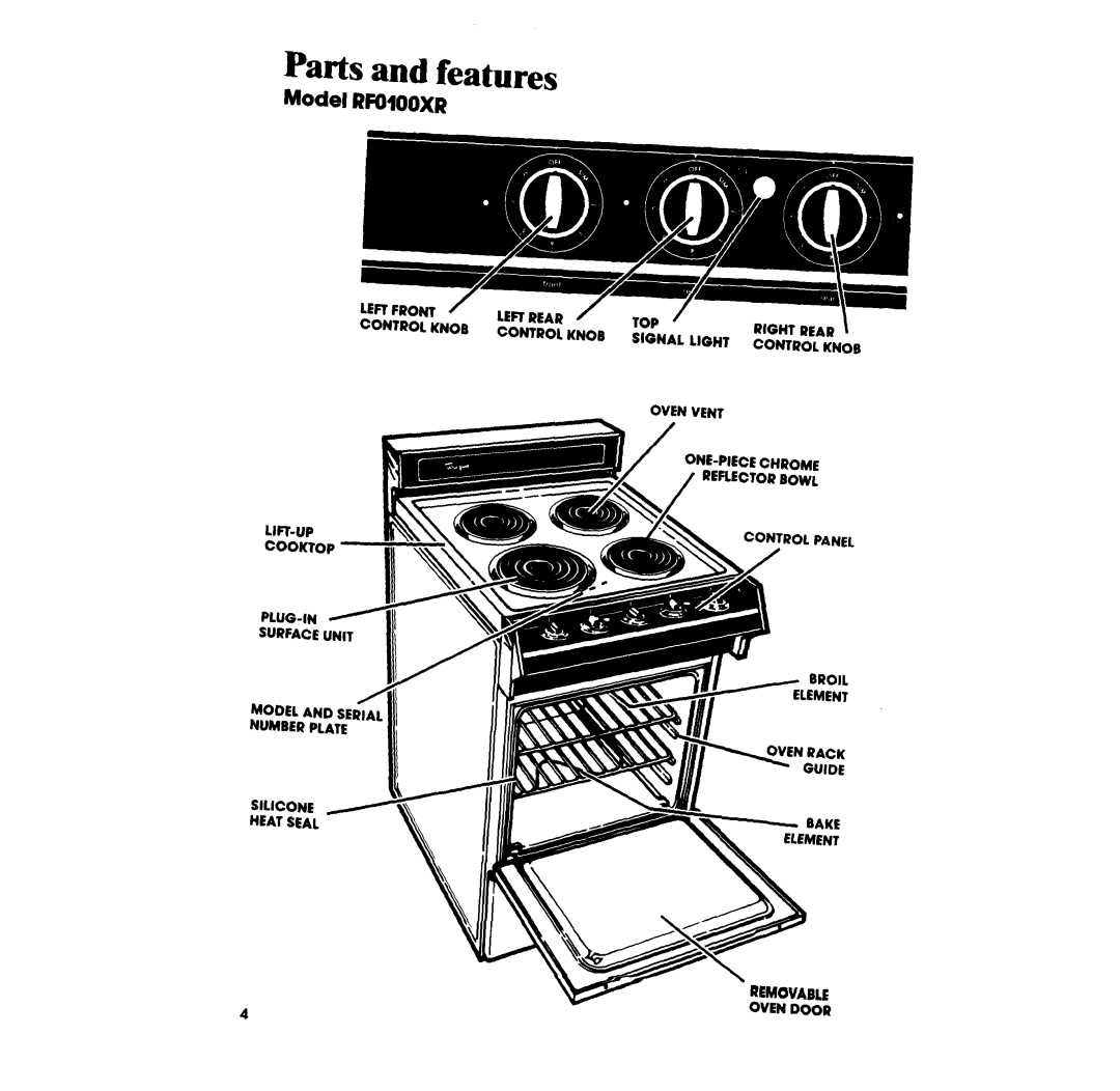 Whirlpool RF0100XR manual Parts and features, Model RFOIOOXR 