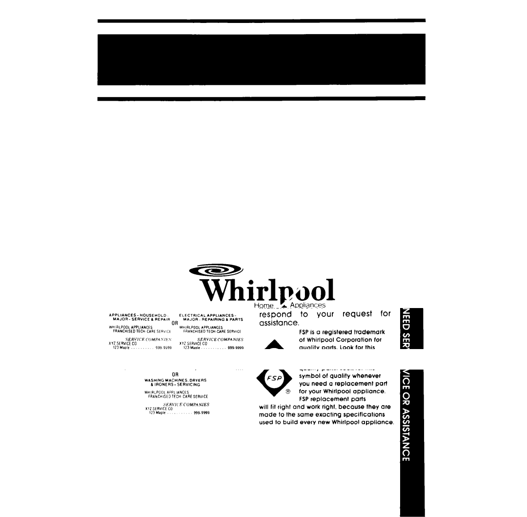 Whirlpool RF014PXR manual Whirlpool 