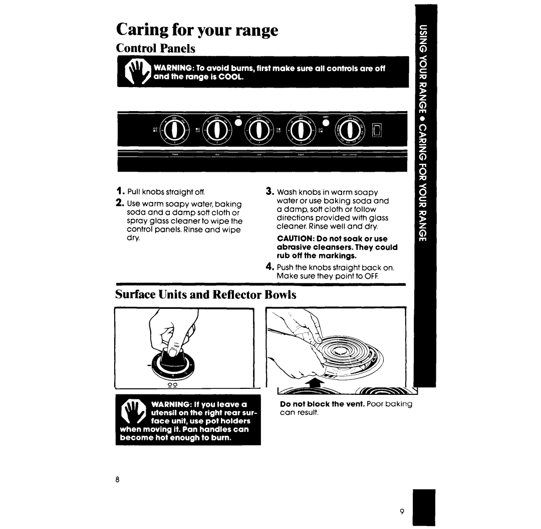 Whirlpool RF014PXR manual Caring for your range, Surface Units and Reflector Bowls 