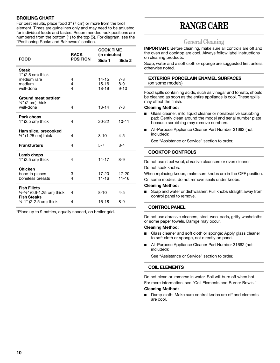 Whirlpool RF110AXS manual Range Care, General Cleaning, Cook Time, Rack, Food Position 