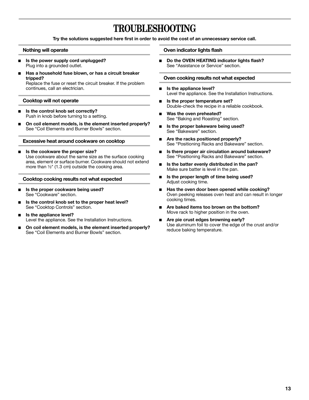 Whirlpool RF110AXS manual Troubleshooting 