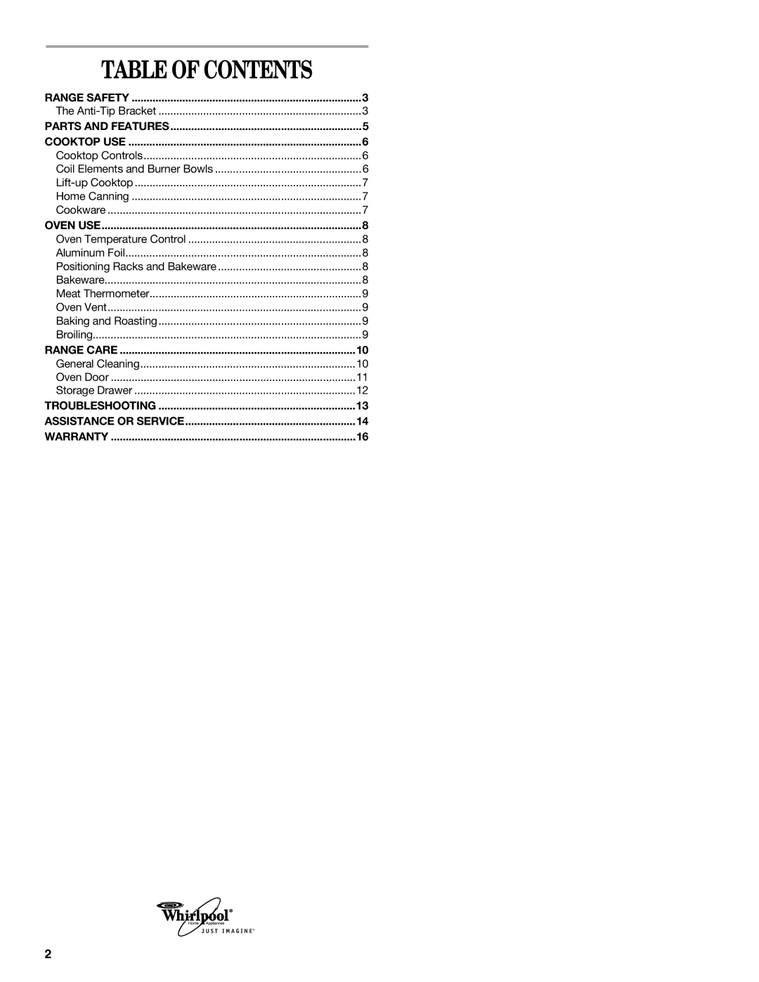 Whirlpool RF110AXS manual Table of Contents 