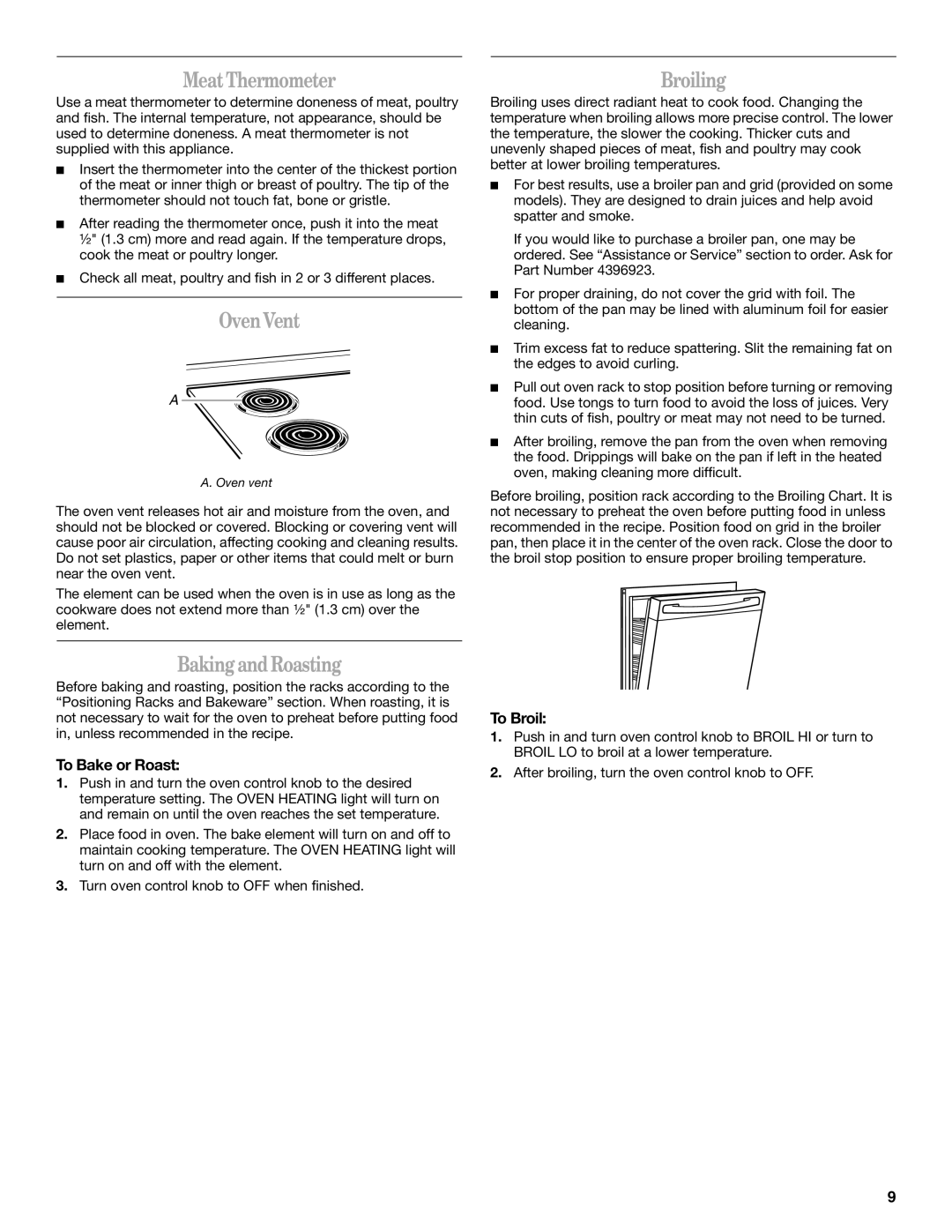 Whirlpool RF110AXS manual Meat Thermometer, Oven Vent, Baking and Roasting, Broiling 