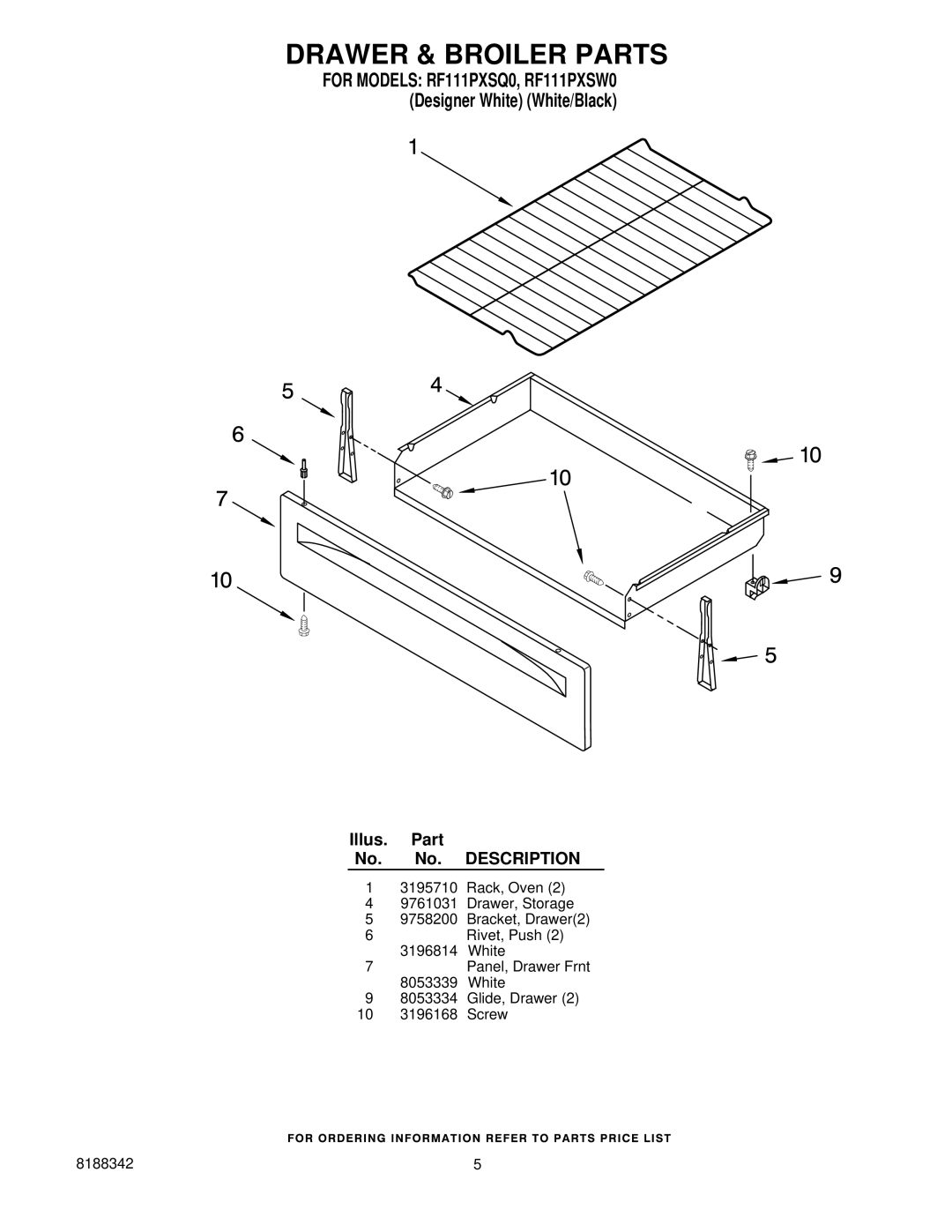 Whirlpool RF111PXSQ0, RF111PXSW0 owner manual Drawer & Broiler Parts 