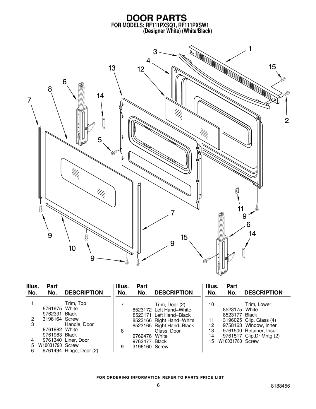 Whirlpool RF111PXSW1, RF111PXSQ1 owner manual Door Parts 