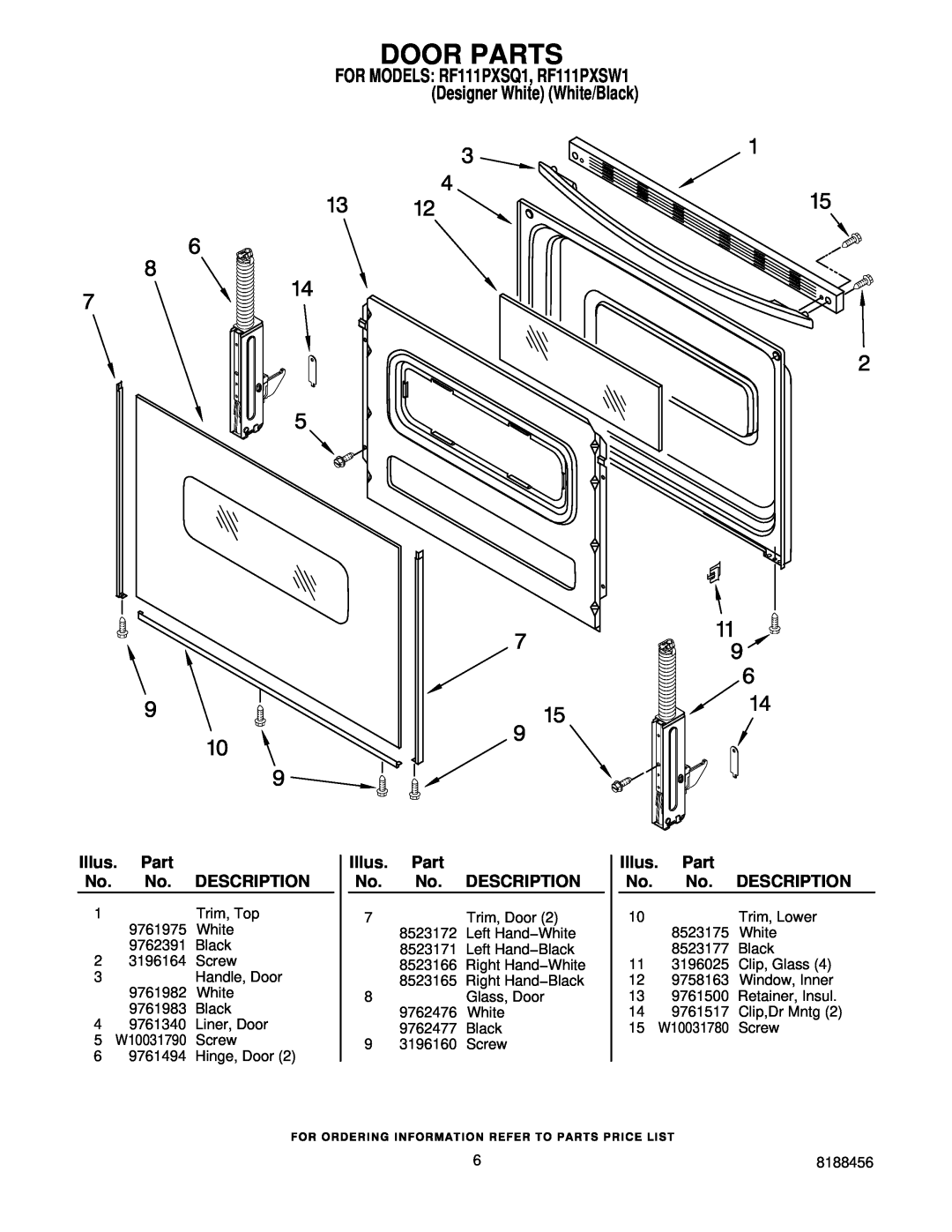 Whirlpool RF111PXSW1, RF111PXSQ1 owner manual Door Parts 
