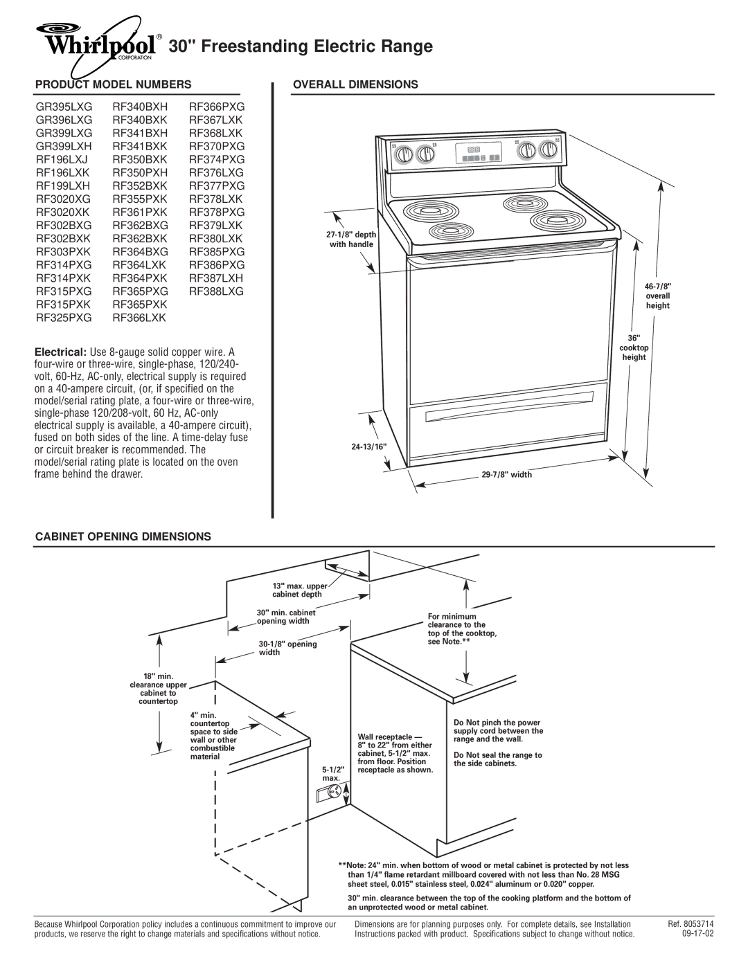 Whirlpool GR399LXH, RF196LXJ dimensions Freestanding Electric Range, Product Model Numbers, receptacle as shown. max 