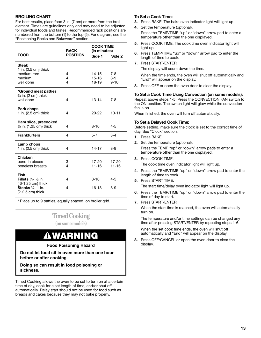 Whirlpool RF367LXK, RF196LXK manual Timed Cooking, Broiling Chart, To Set a Cook Time Using Convection on some models 