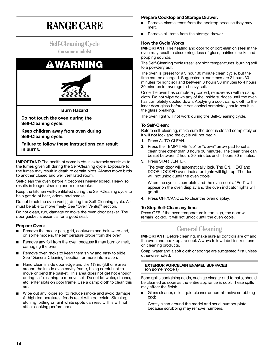 Whirlpool RF365PXK, RF196LXK, RF364LXK, RF364PXK, RF368LXK, RF367LXK manual Range Care, Self-Cleaning Cycle, General Cleaning 