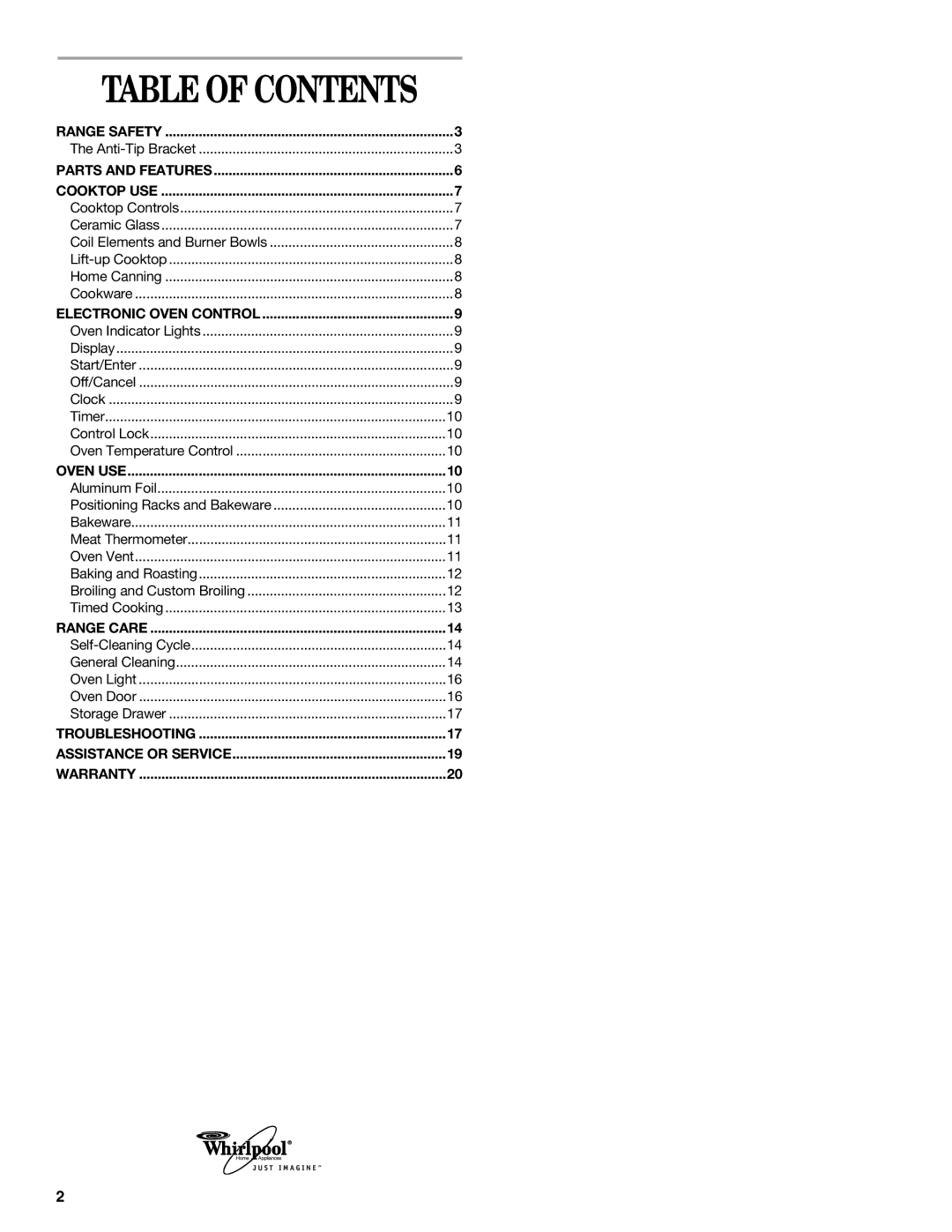 Whirlpool RF364PXK, RF196LXK, RF364LXK, RF368LXK, RF367LXK, RF365PXK, RF362BXK, RF355PXK, RF350BXK manual Table of Contents 