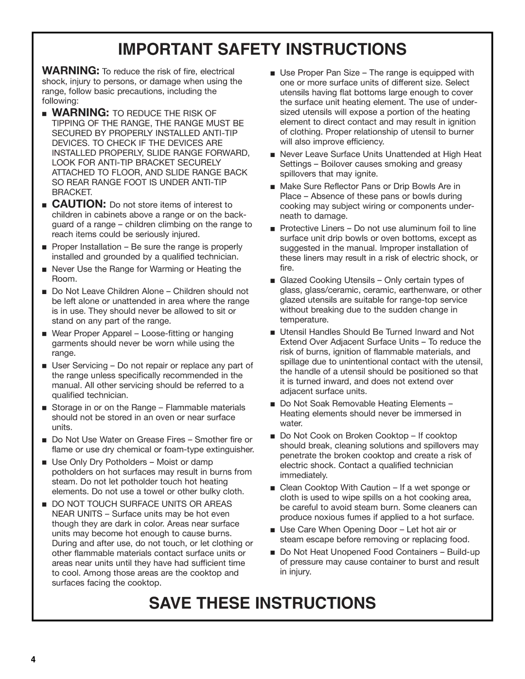 Whirlpool RF367LXK, RF196LXK, RF364LXK, RF364PXK, RF368LXK, RF365PXK, RF362BXK, RF355PXK, RF350BXK Important Safety Instructions 