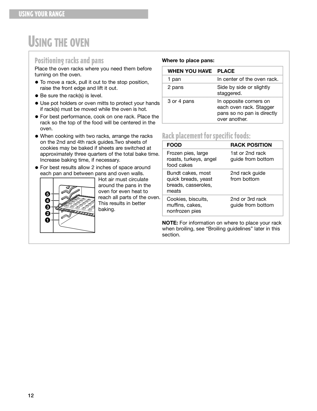 Whirlpool RF199LXH Positioning racks and pans, Rack placement for specific foods, Where to place pans, When YOU have Place 