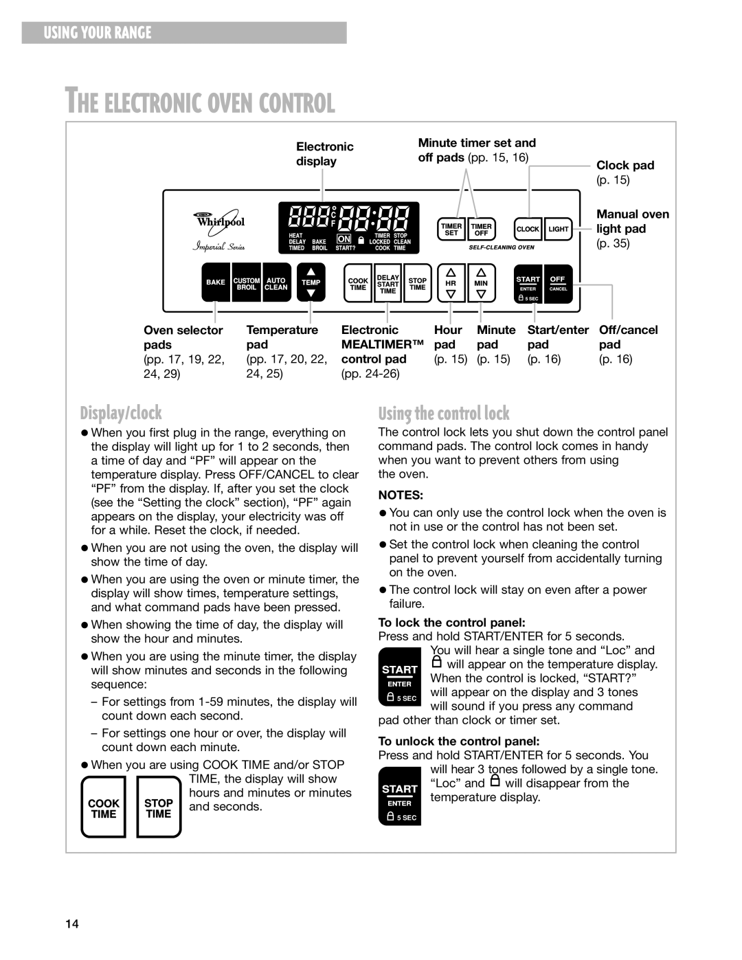 Whirlpool RF199LXH warranty Electronic Oven Control, Display/clock, Using the control lock, Mealtimer 