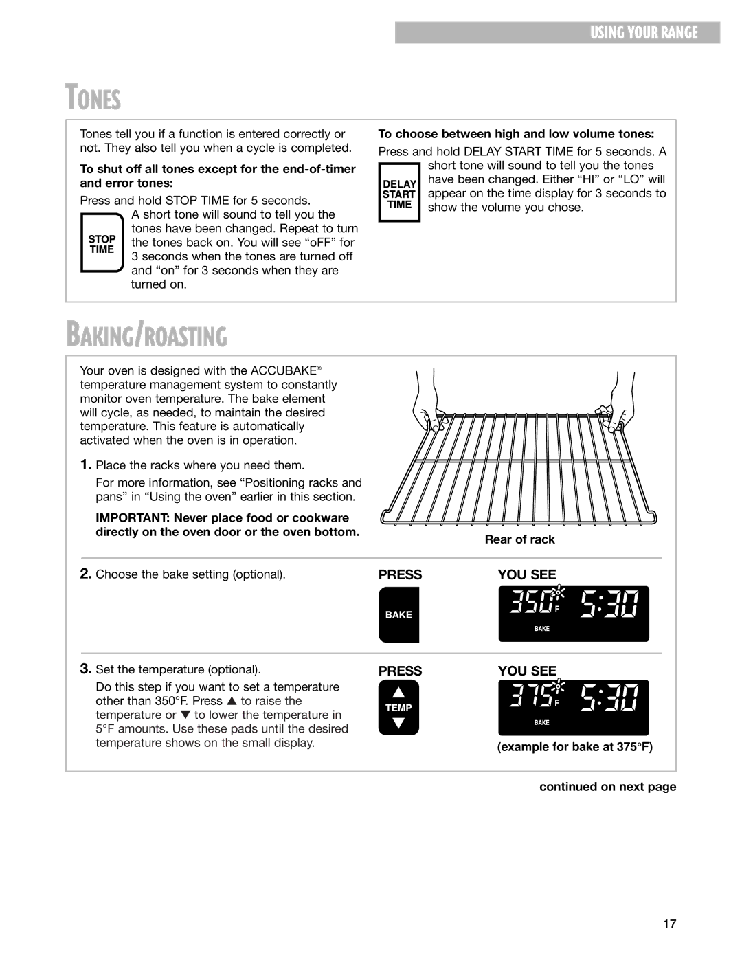 Whirlpool RF199LXH warranty Tones, Baking/Roasting, To choose between high and low volume tones 