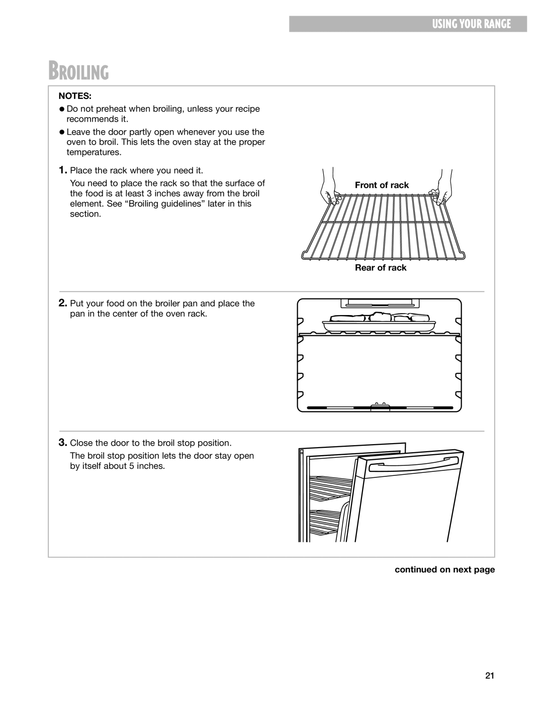 Whirlpool RF199LXH warranty Broiling, Rear of rack 