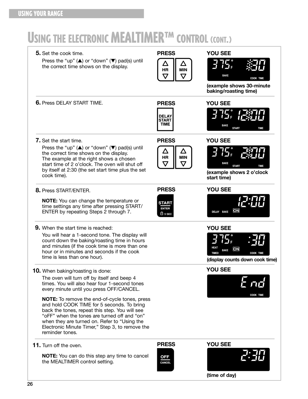 Whirlpool RF199LXH warranty Example shows 30-minute baking/roasting time, Example shows 2 o’clock start time 