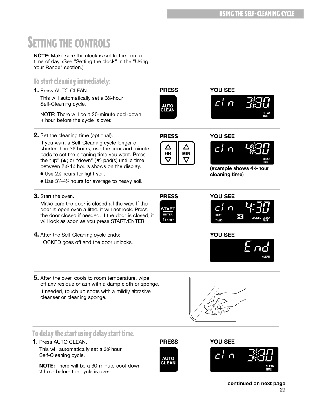 Whirlpool RF199LXH warranty Setting the Controls, Example shows 41⁄2-hour cleaning time 