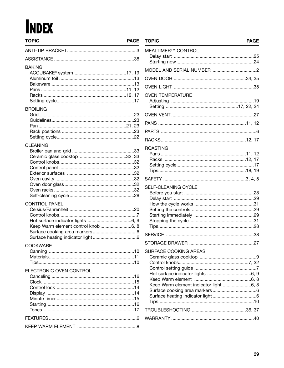 Whirlpool RF199LXH warranty Index, Topic 