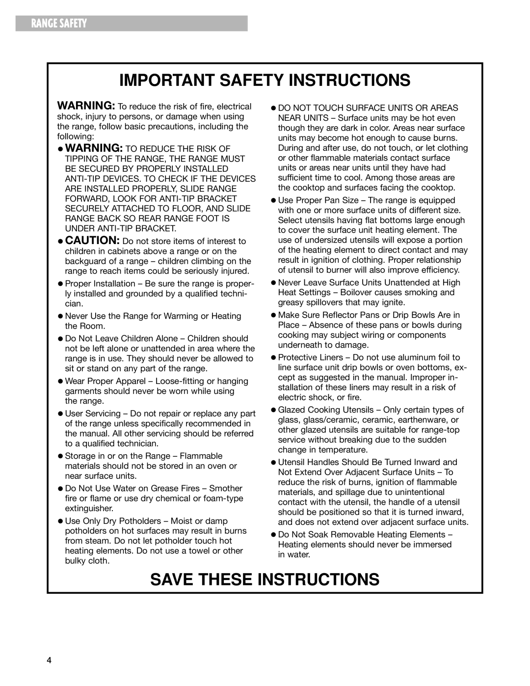 Whirlpool RF199LXH warranty Important Safety Instructions 