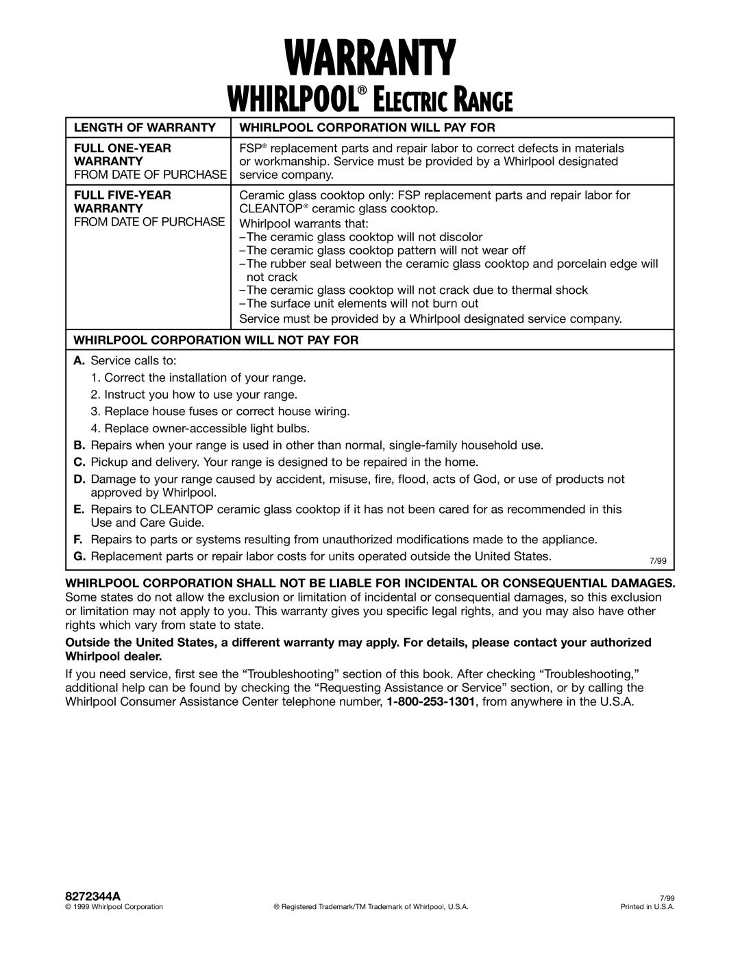 Whirlpool RF199LXH warranty Warranty, Full FIVE-YEAR, Whirlpool Corporation will not PAY for 