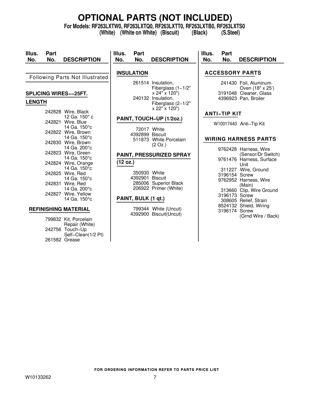 Whirlpool RF263LXTW0, RF263LXTT0, RF263LXTQ0, RF263LXTB0, RF263LXTS0 owner manual Optional Parts not Included 