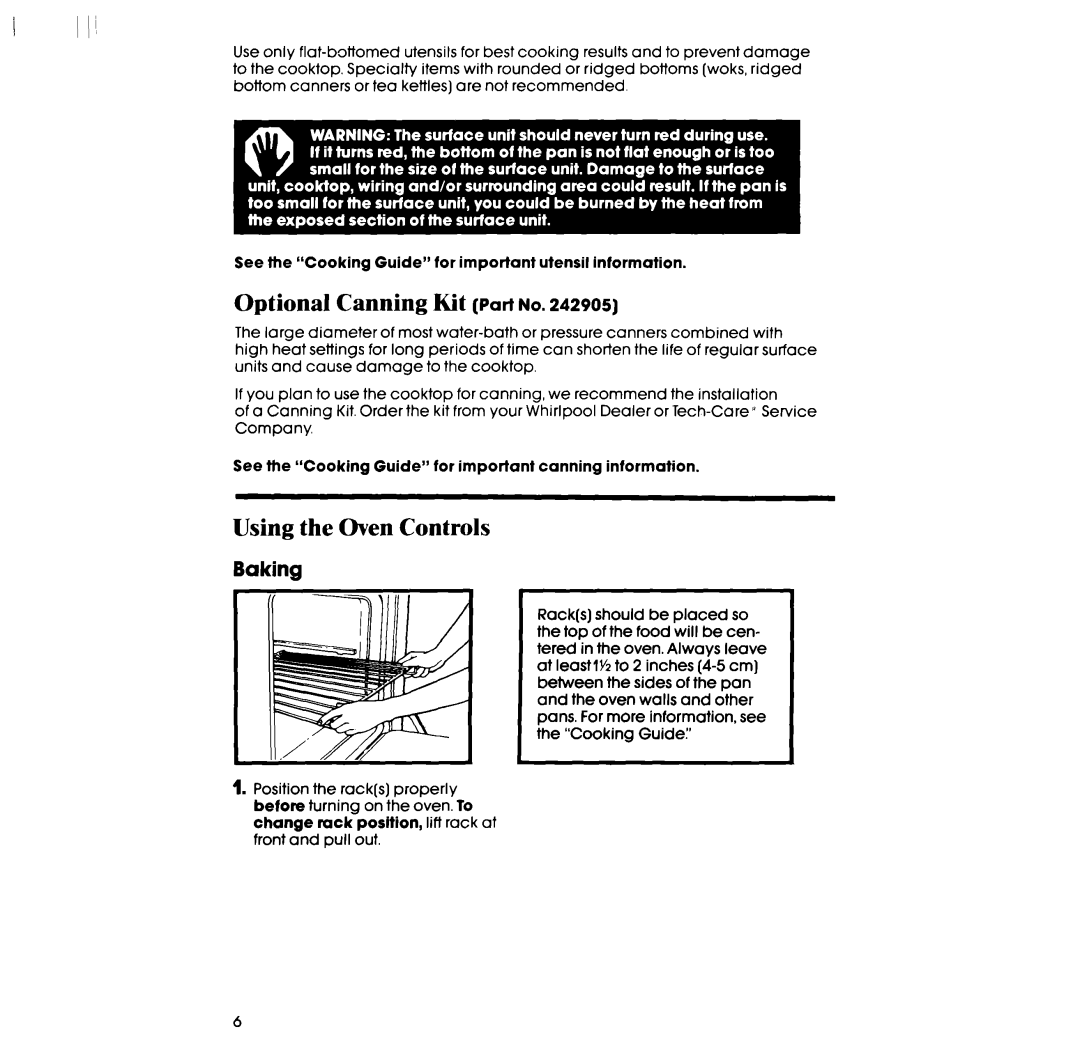 Whirlpool RF3000XP manual Optional Canning Kit Part no, Using the Oven Controls, Baking 