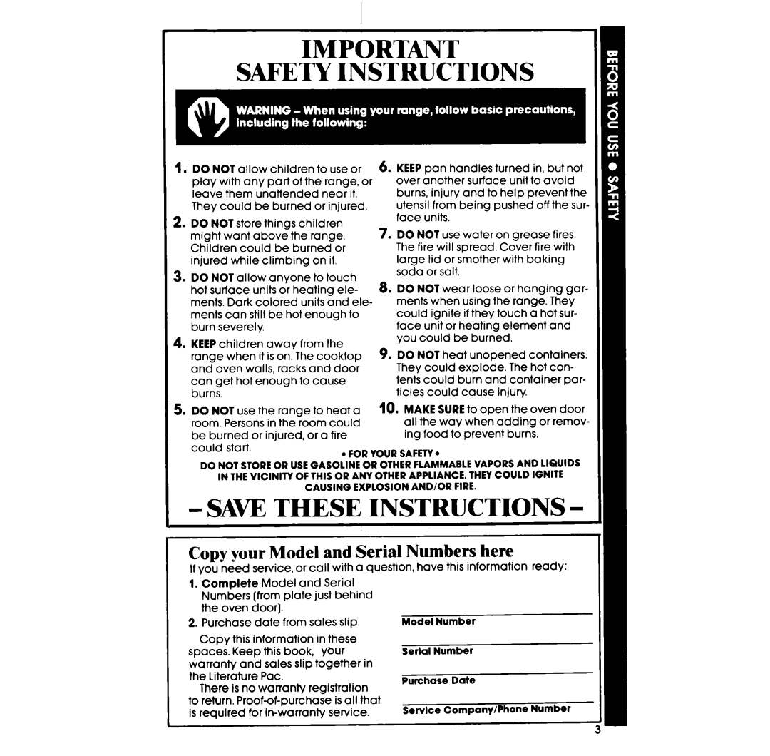 Whirlpool RF3000XP manual Safety Instructions, Saw These Instructions, Copy your Model and Serial Numbers here, Make 
