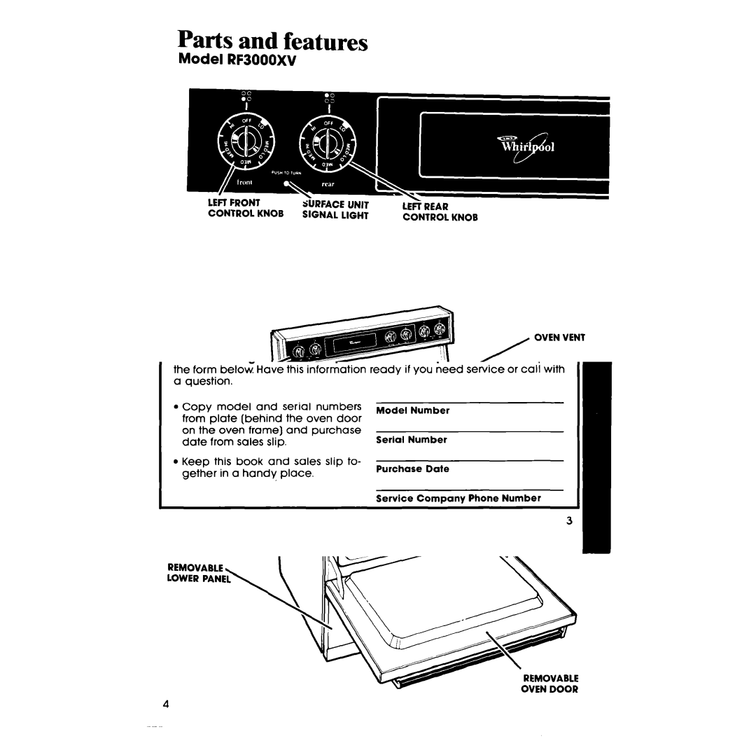 Whirlpool manual Parts and features, Model RF3000XV 