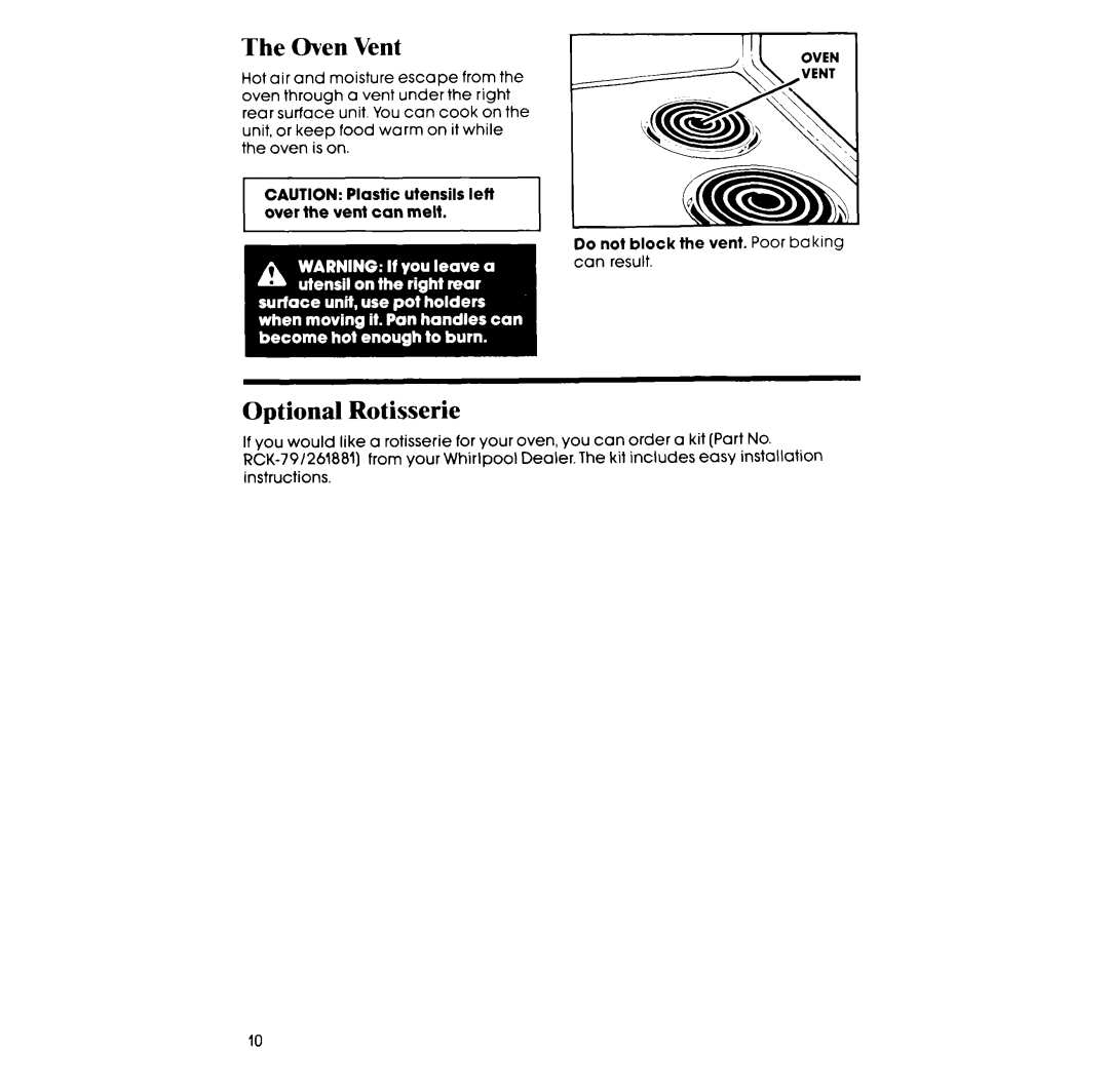 Whirlpool RF3000XV manual The Oven Vent, Optional Rotisserie 